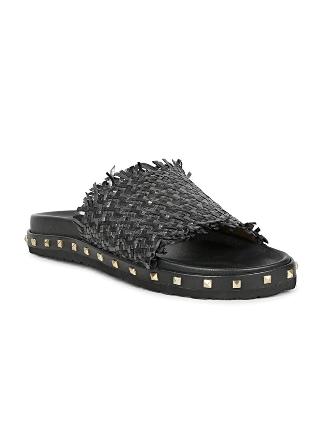 

Saint G Women Embellished Woven Design Leather Open Toe Flats, Black