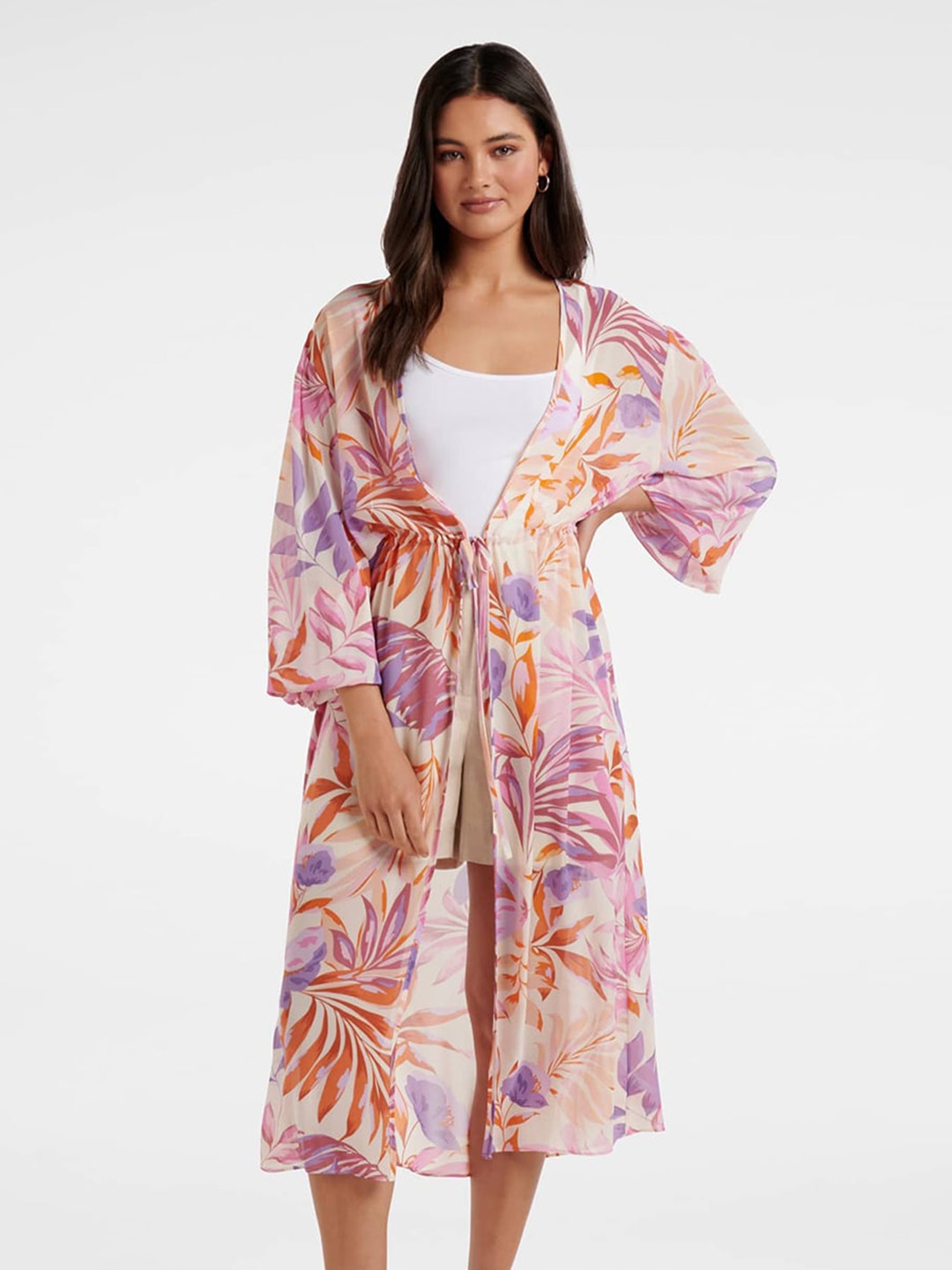 Forever New Tropical Printed Kimono Sleeves Waist Tie Ups Longline Top, Off white