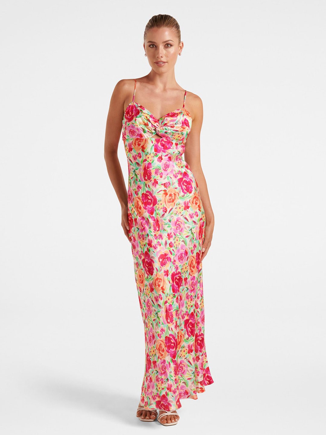 

Forever New Floral Print Satin Maxi Dress, Beige