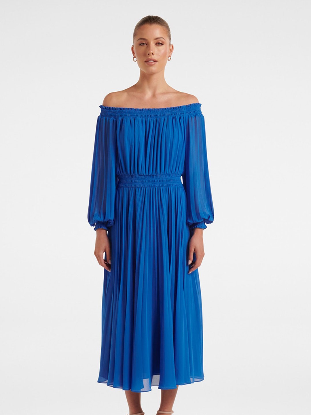 

Forever New Off-Shoulder Puff Sleeve Fit & Flare Midi Dress, Navy blue