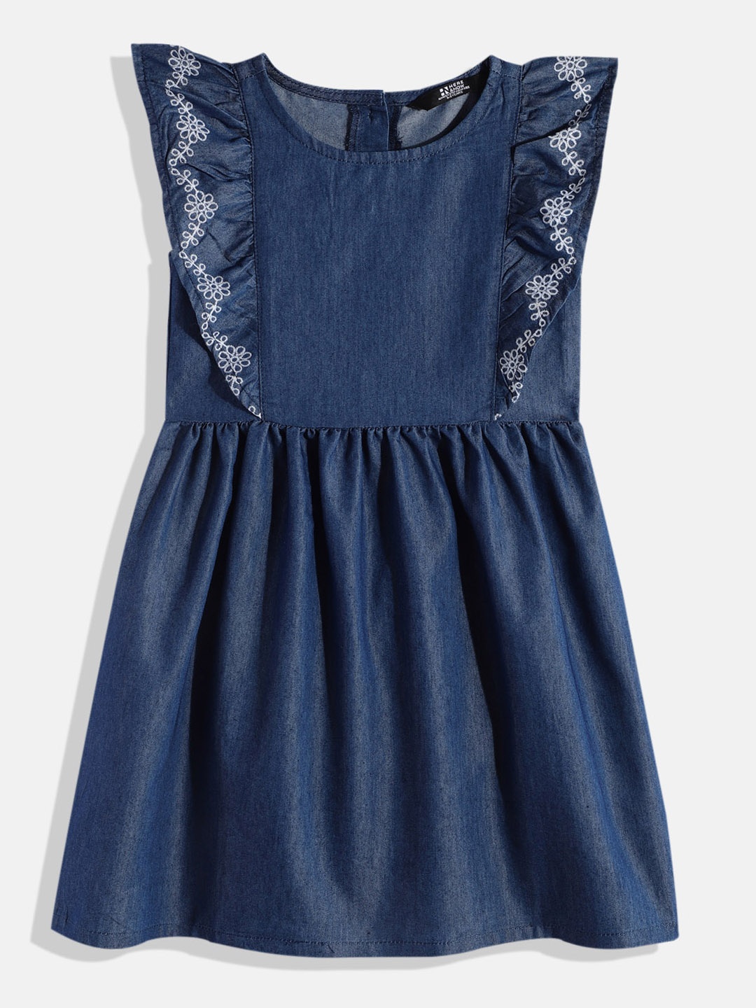 

HERE&NOW Floral Embroidered Denim Fit & Flare Midi Dress, Navy blue