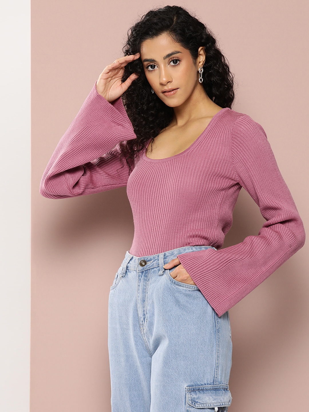 

Harvard Square Neck Flared Sleeves Ribbed Acrylic Pullover, Pink