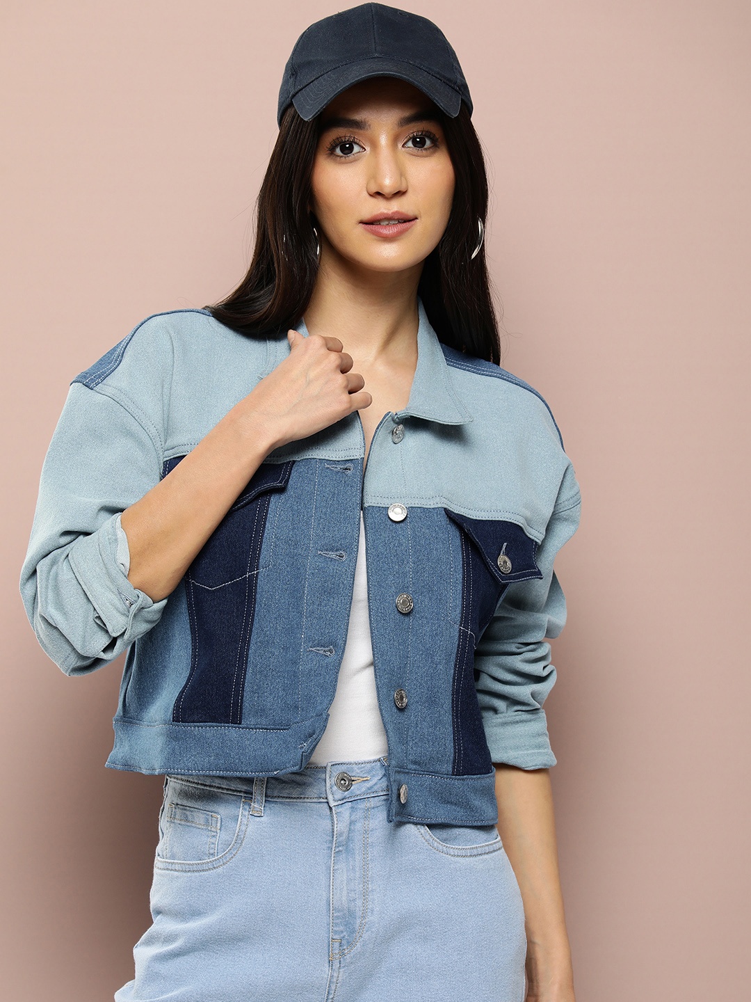 

Harvard Colourblocked Pure Cotton Crop Denim Jacket, Blue