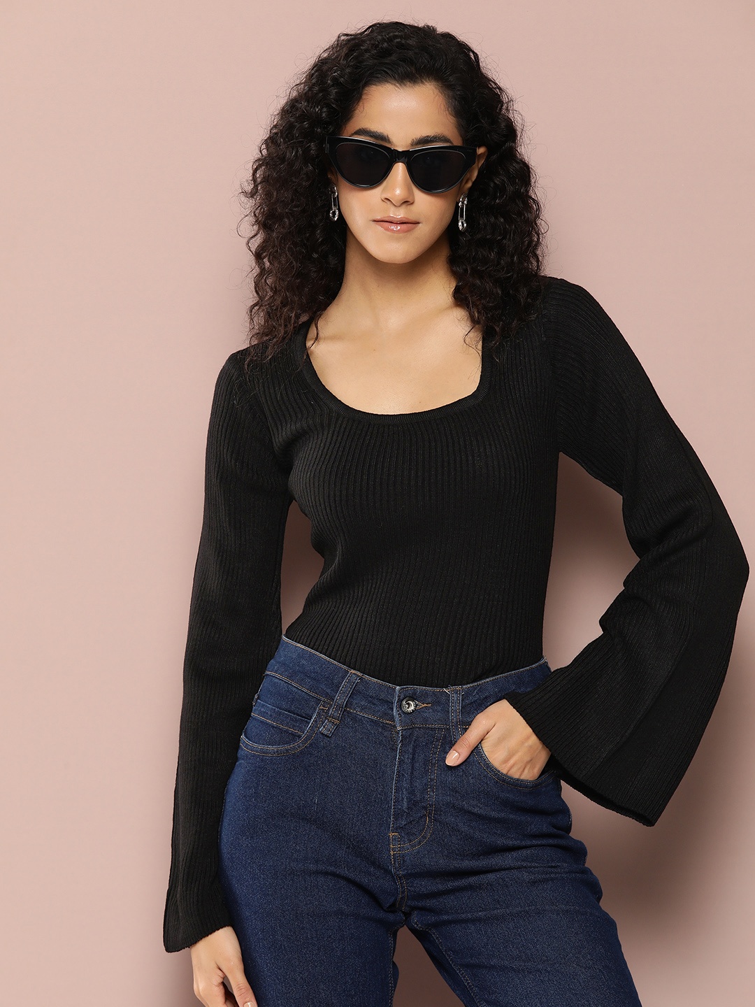 

Harvard Square Neck Flared Sleeves Ribbed Acrylic Pullover, Black