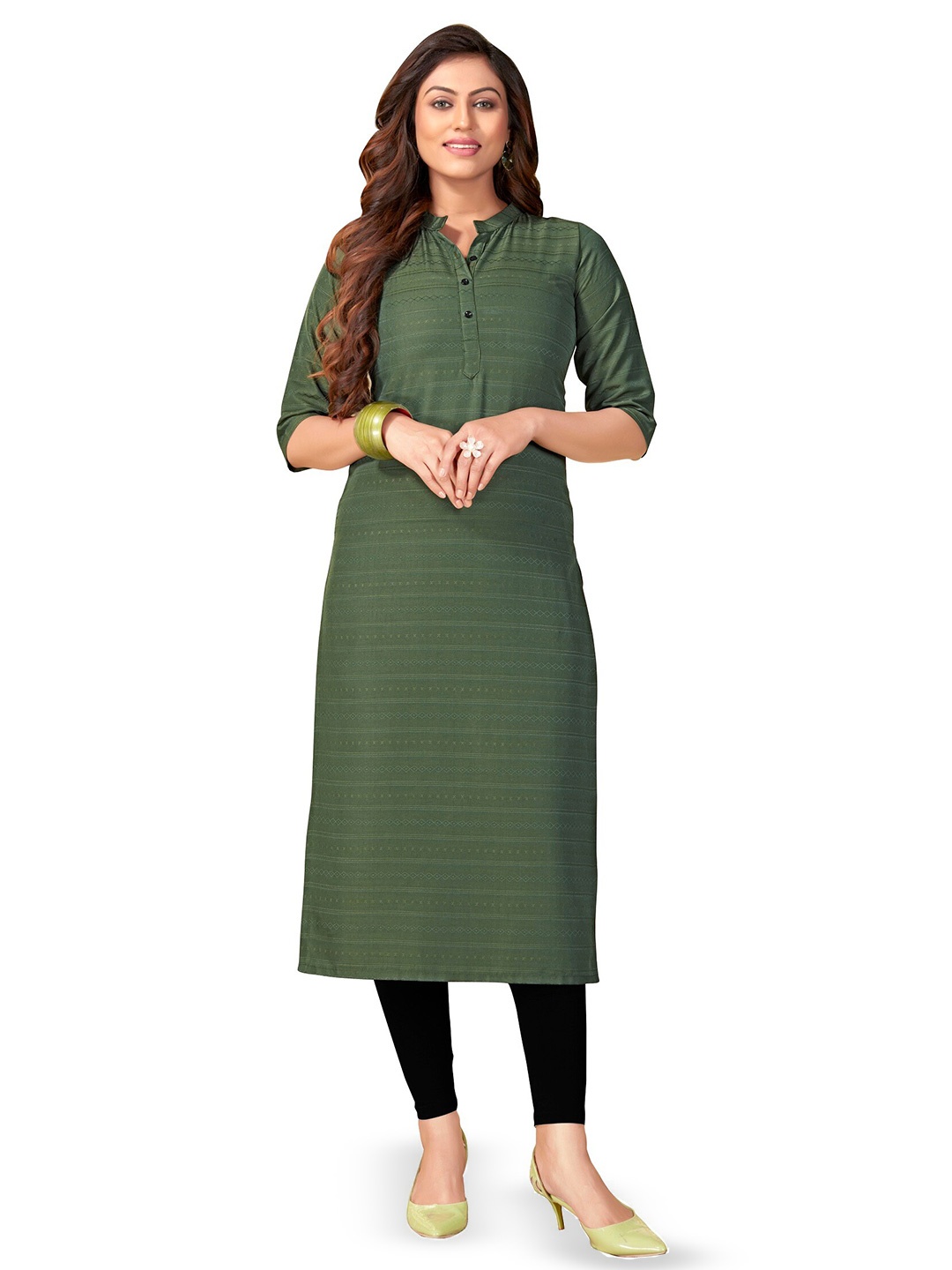 

KALINI Mandarin Collar Striped Printed Kurta, Green