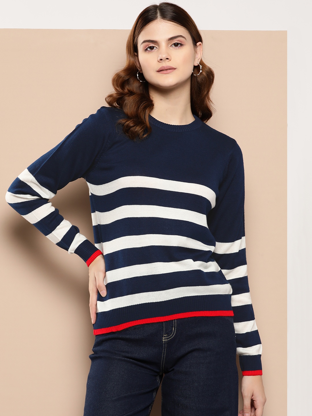 

her by invictus Women Striped Acrylic Pullover, Navy blue