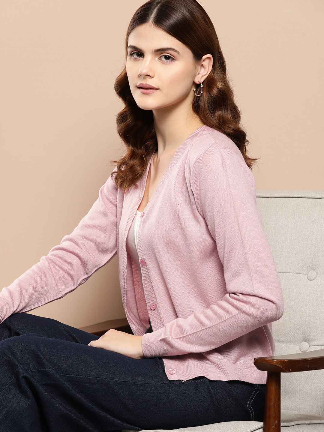 

her by invictus Women Acrylic Cardigan, Pink