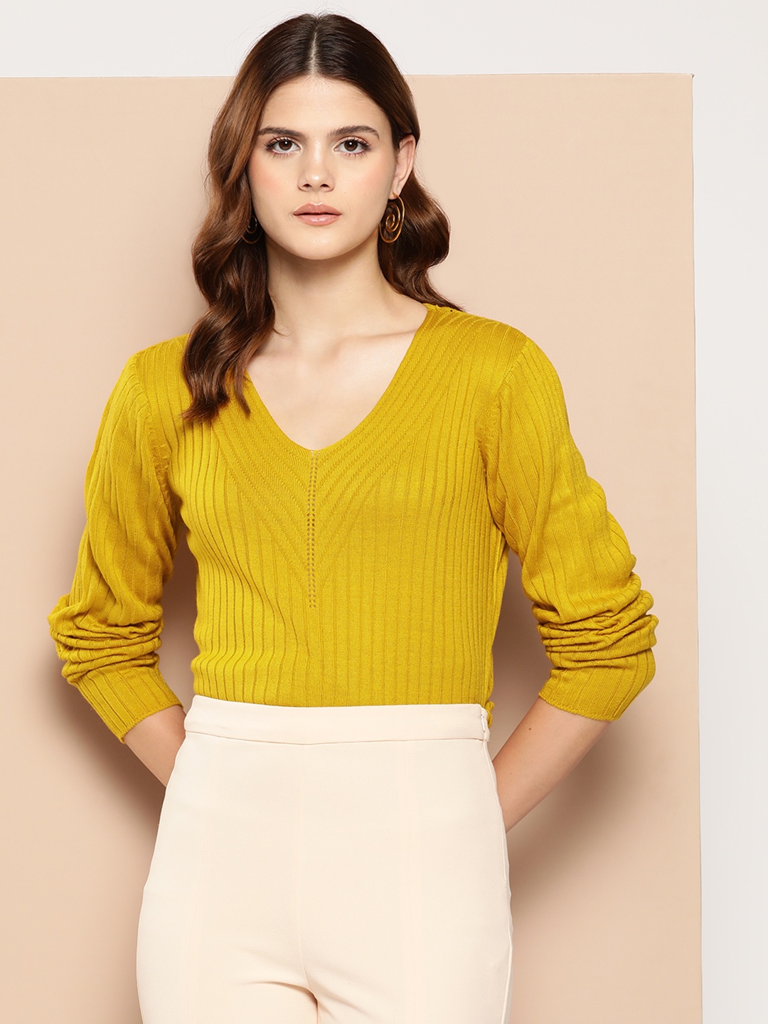 

her by invictus Acrylic Ribbed Pullover, Mustard