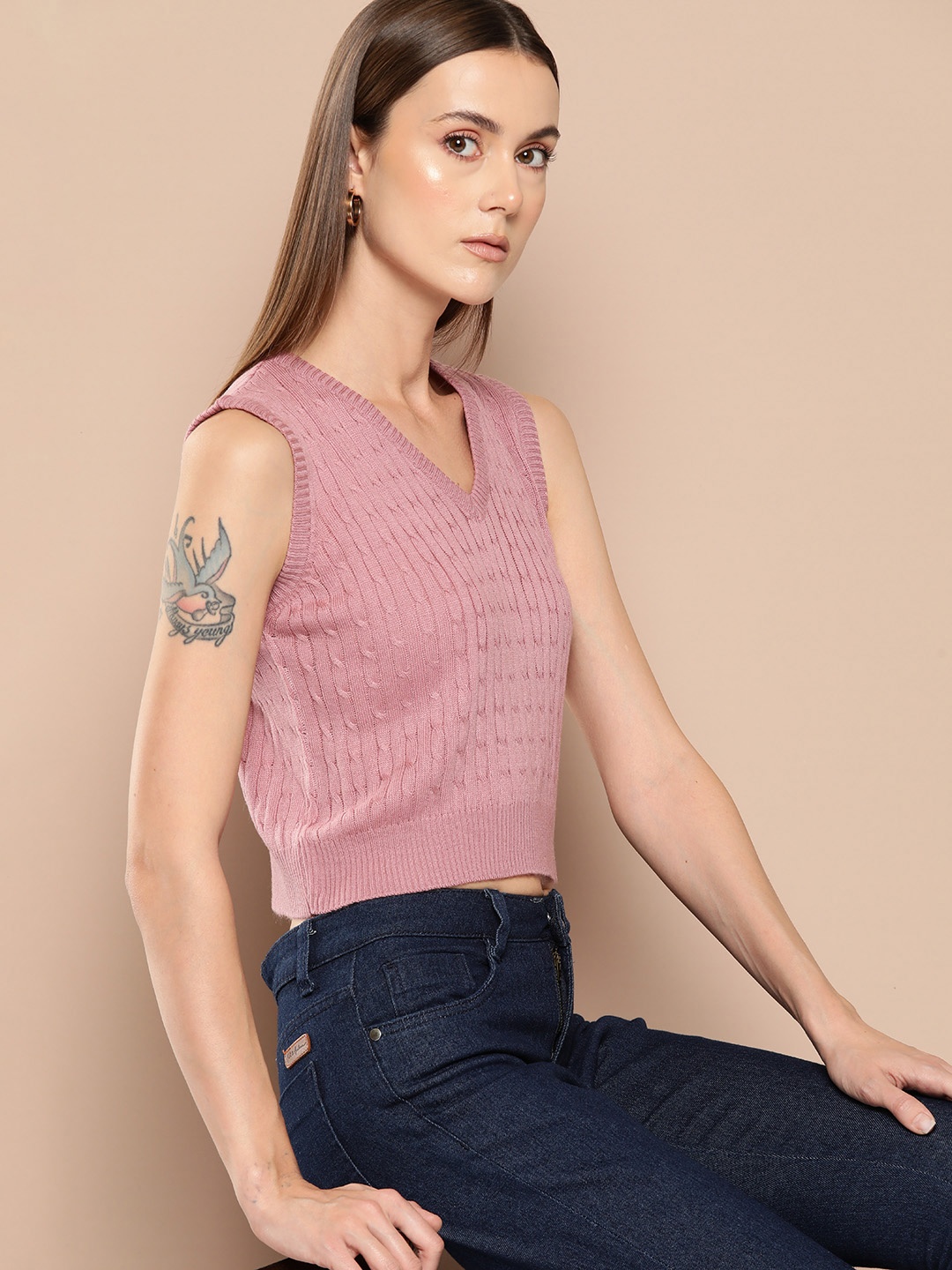 

her by invictus Pure Acrylic Cable Knit Crop Sweater Vest, Rose