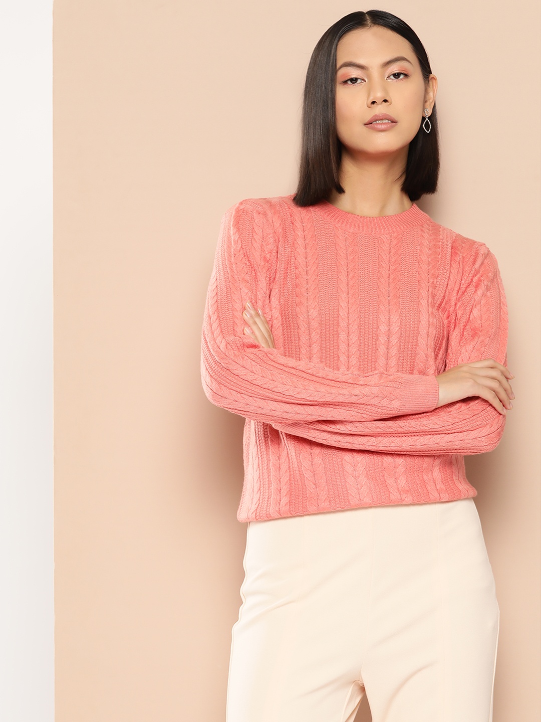 

her by invictus Pure Acrylic Cable Knit Pullover, Peach