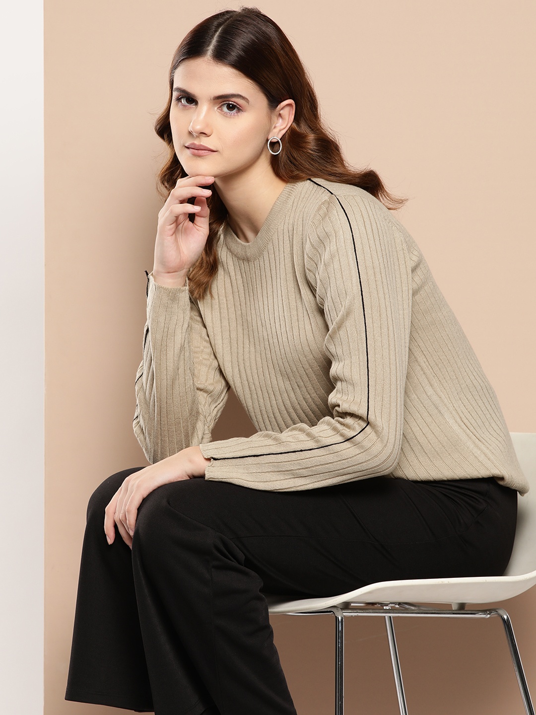 

her by invictus Women Ribbed Acrylic Pullover, Beige