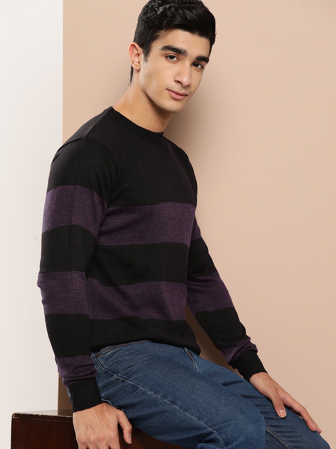 

INVICTUS Pure Acrylic Striped Pullover, Black