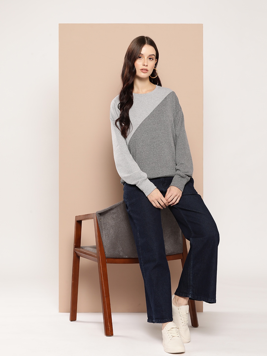 

her by invictus Pure Cotton Colourblocked Sweatshirt, Grey