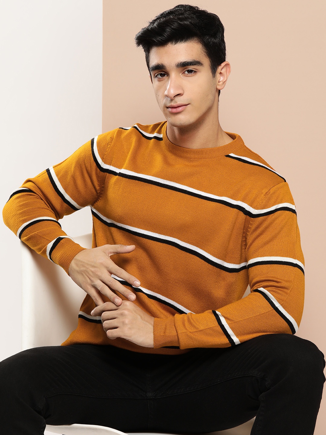 

INVICTUS Pure Acrylic Striped Pullover, Mustard