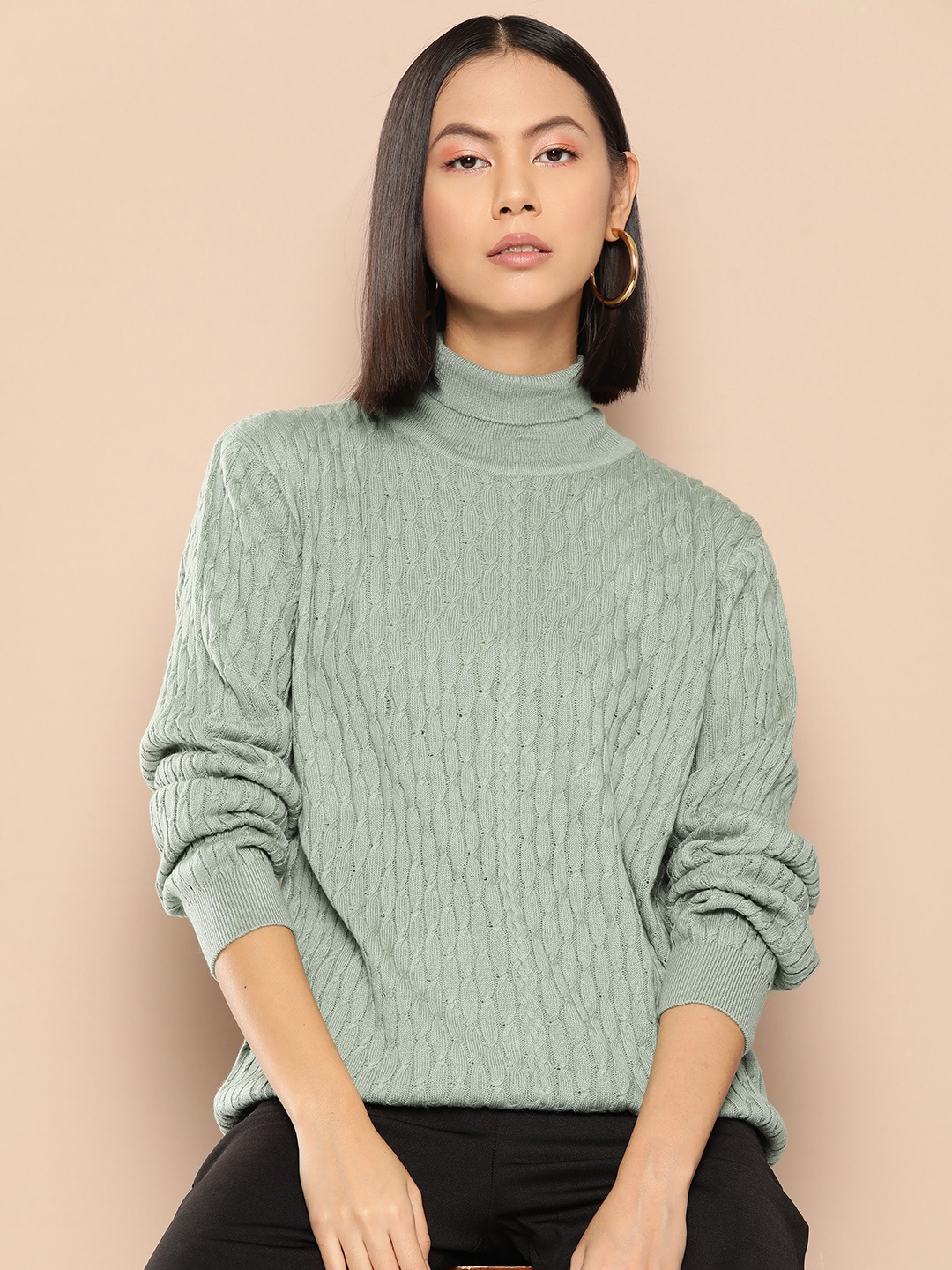 

her by invictus Pure Acrylic Cable Knit Pullover, Green