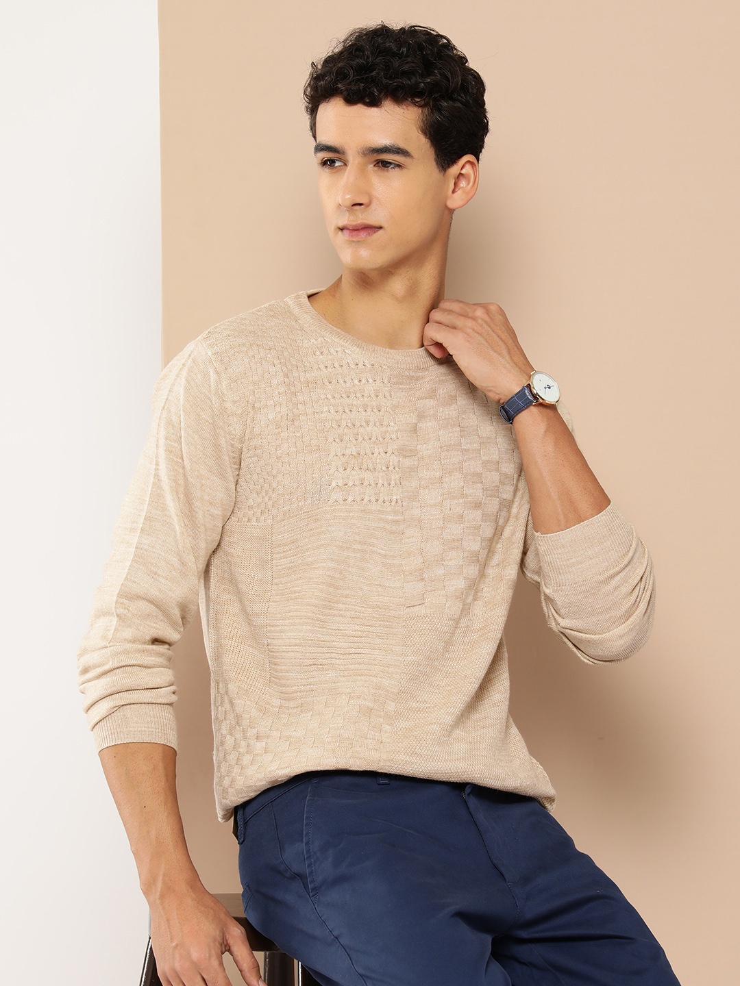 

INVICTUS Pure Acrylic Self-Design Pullover, Beige