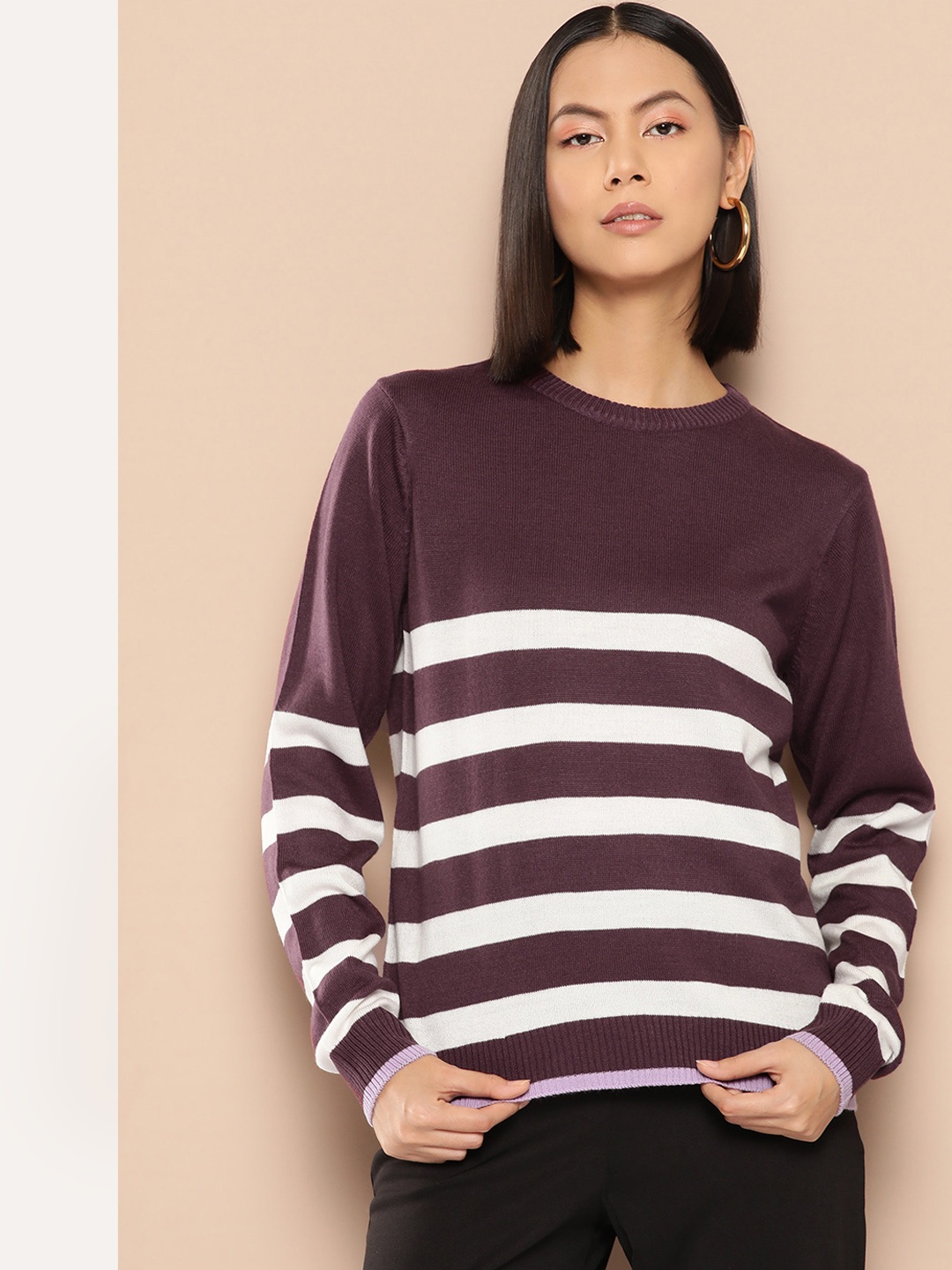 

her by invictus Pure Acrylic Striped Pullover, Burgundy