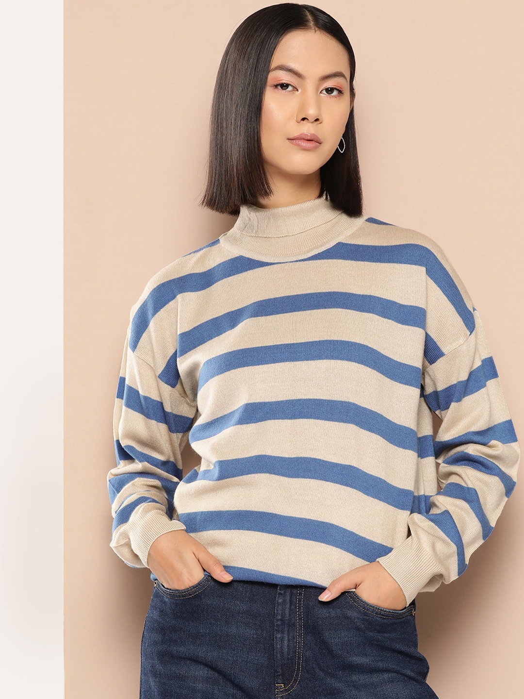 

her by invictus Pure Acrylic Striped Pullover, Beige