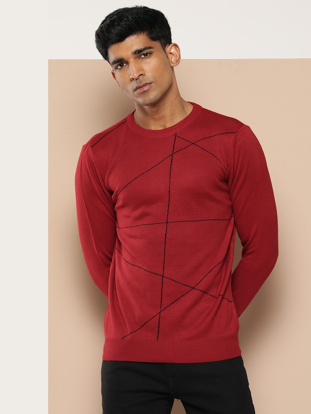 

INVICTUS Round Neck Striped Pullover, Red