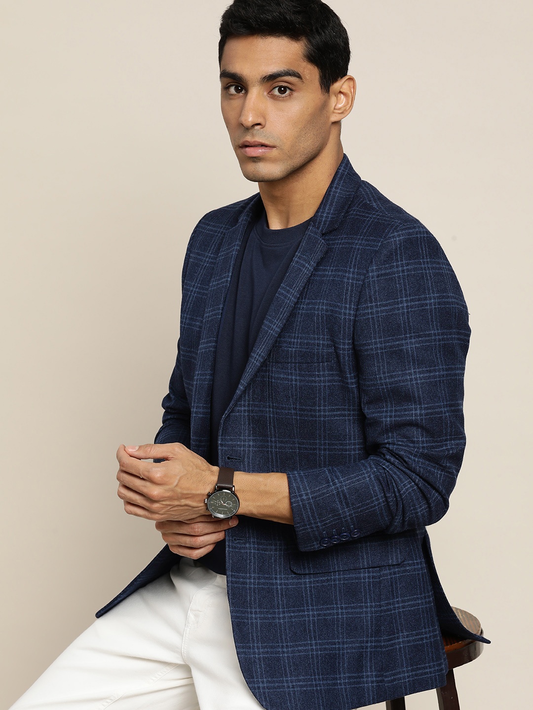 

INVICTUS Checked Single-Breasted Slim Fit Casual Blazer, Navy blue