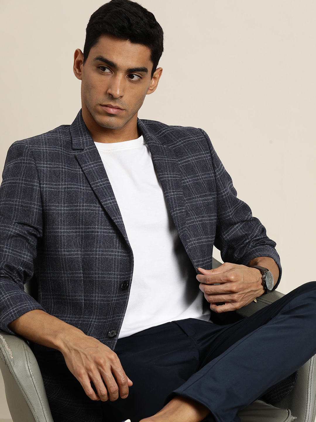 

INVICTUS Checked Single-Breasted Slim Fit Blazers, Navy blue