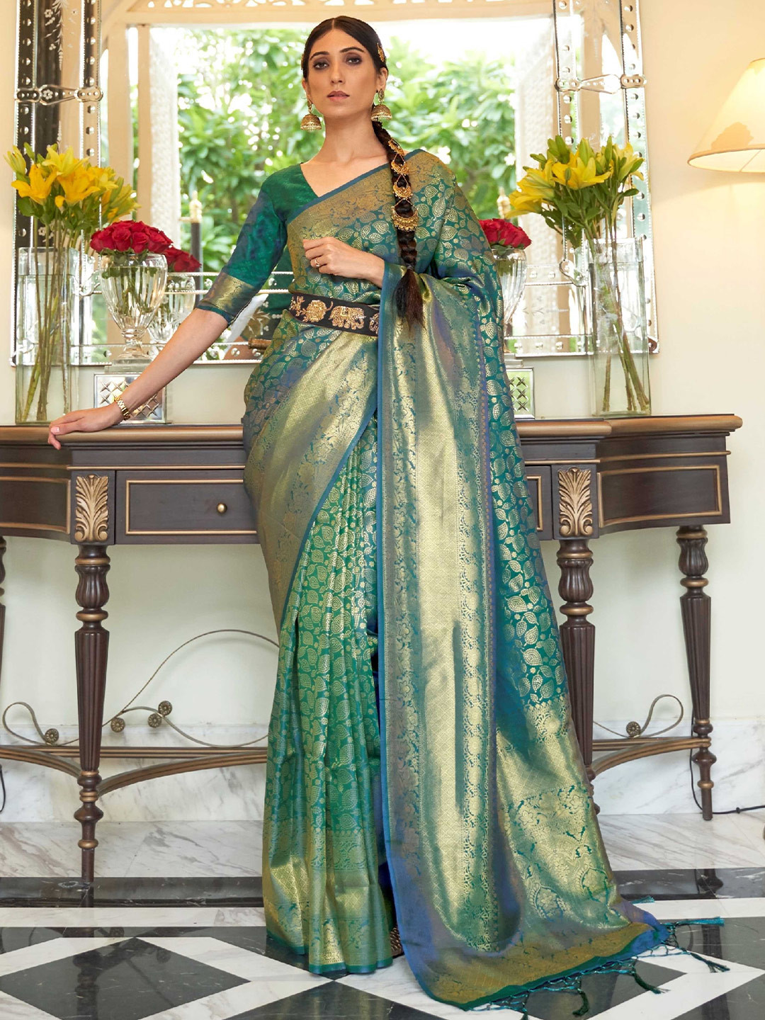 

Mitera Teal & Gold-Toned Floral Woven Design Zari Kanjeevaram Saree
