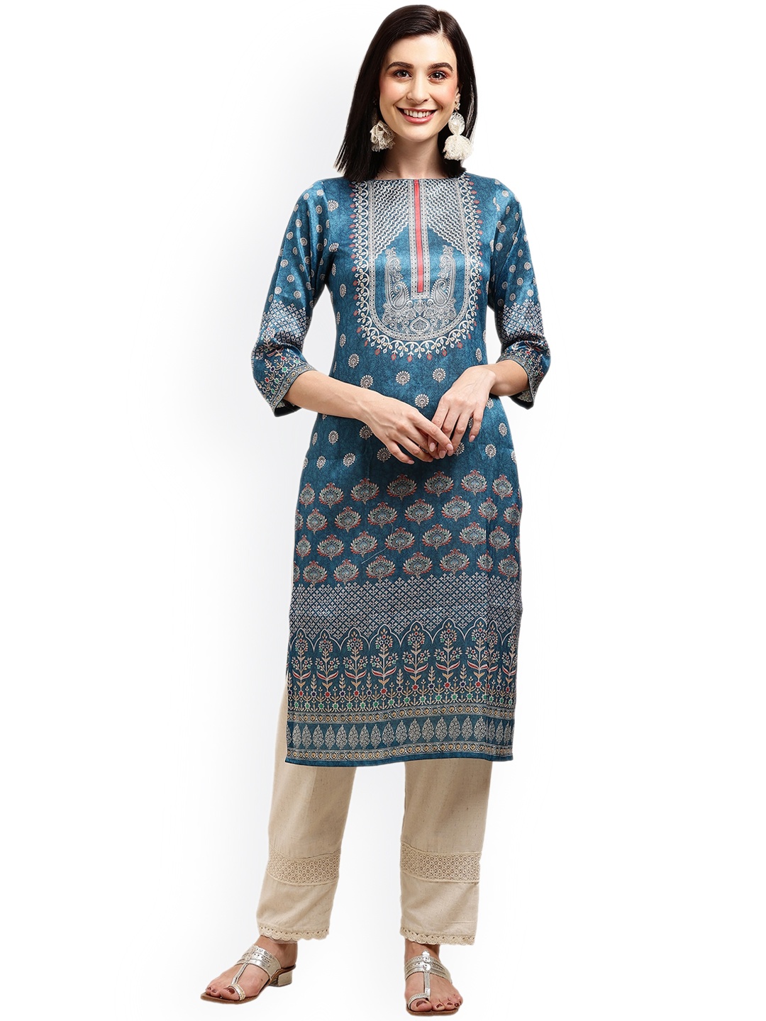 

KALINI Ethnic Motifs Digital Printed Tussar Silk Kurta, Teal