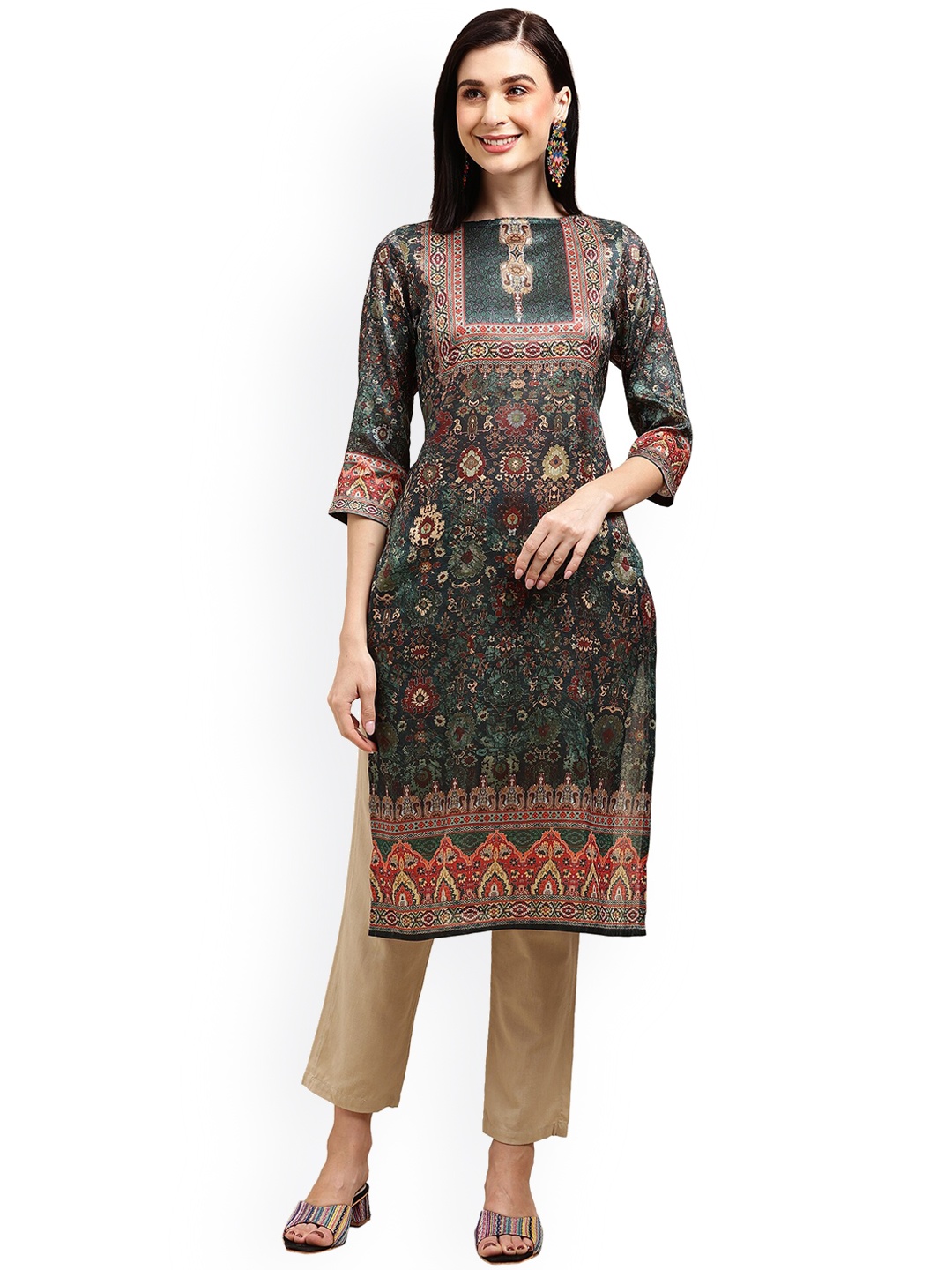 

KALINI Ethnic Motifs Printed Round Neck Kurta, Olive