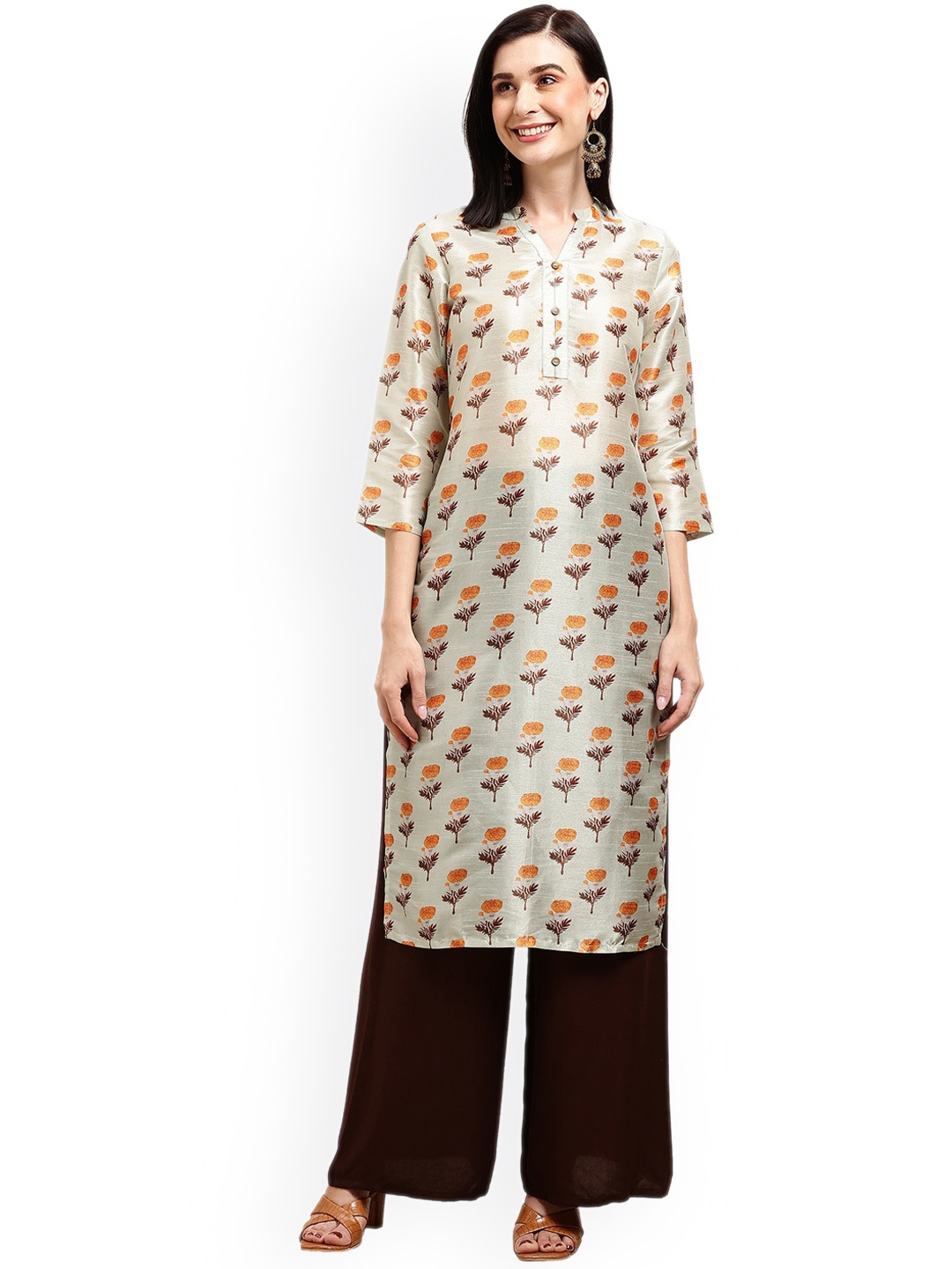 

KALINI Floral Printed Straight Kurta, Beige