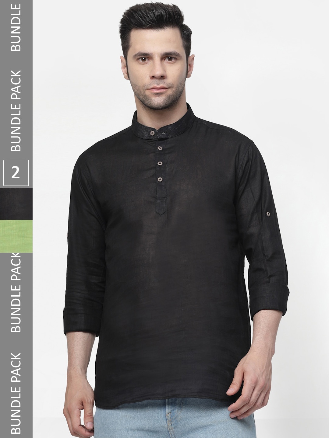 

allan peter Pack of 2 Band Collar Cotton Kurta, Black