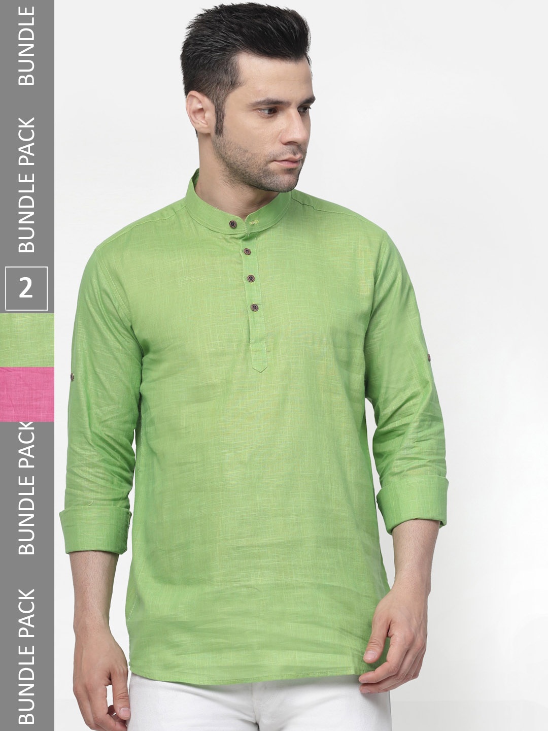 

allan peter Pack of 2 Band Collar Cotton Kurta, Green