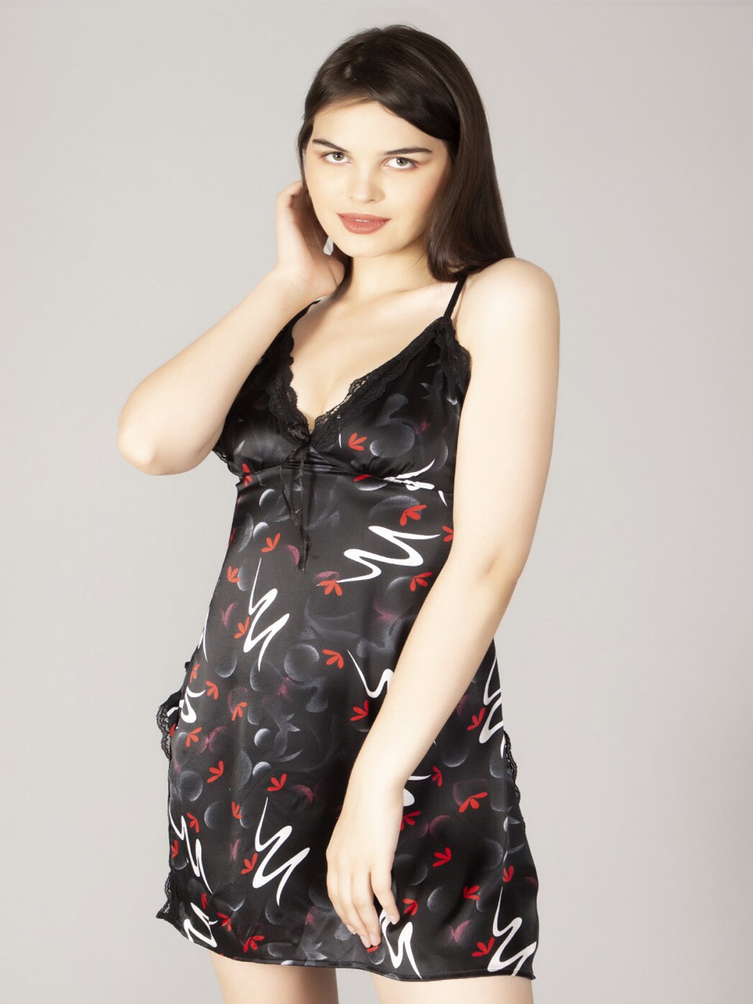 

Herryqeal Floral Printed Satin Baby Doll, Black