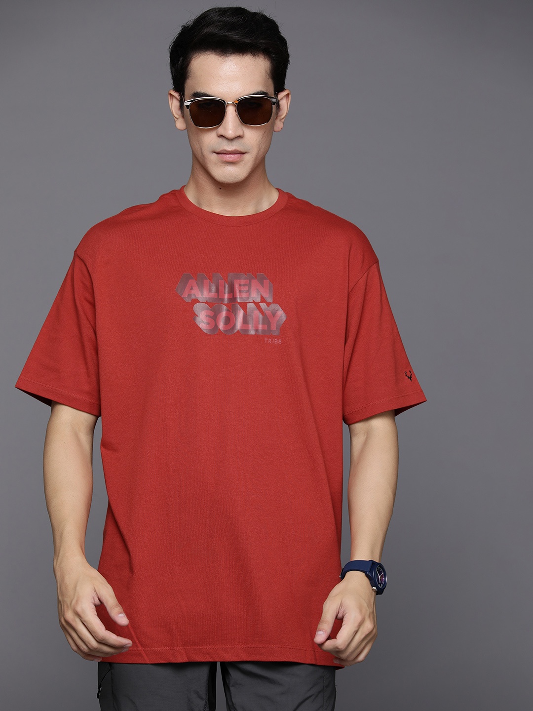 

Allen Solly Sport Brand Logo Printed Drop-Shoulder Longline T-shirt, Red