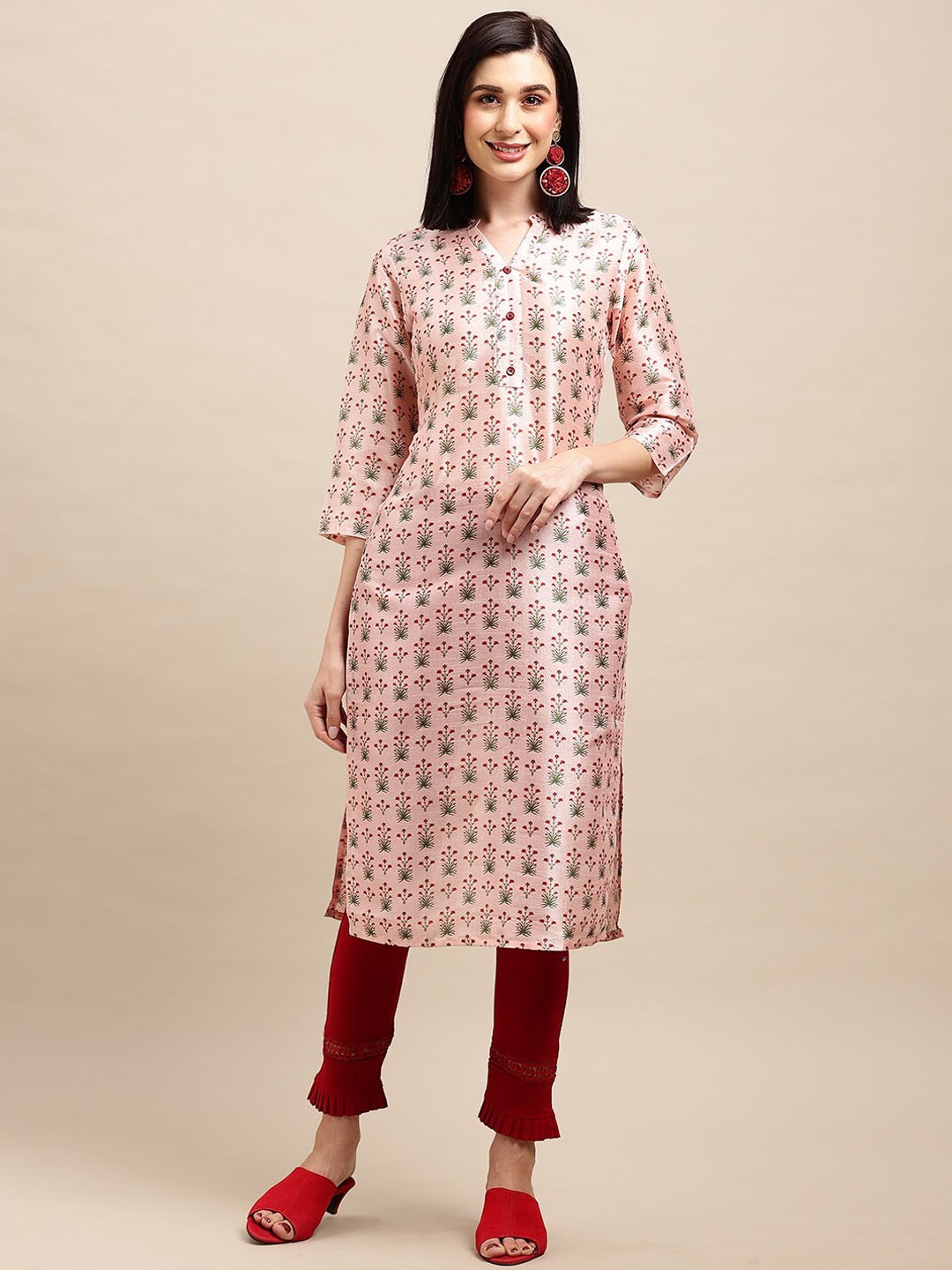 

Sangria Floral Printed Tussar Silk Straight Kurta, Peach