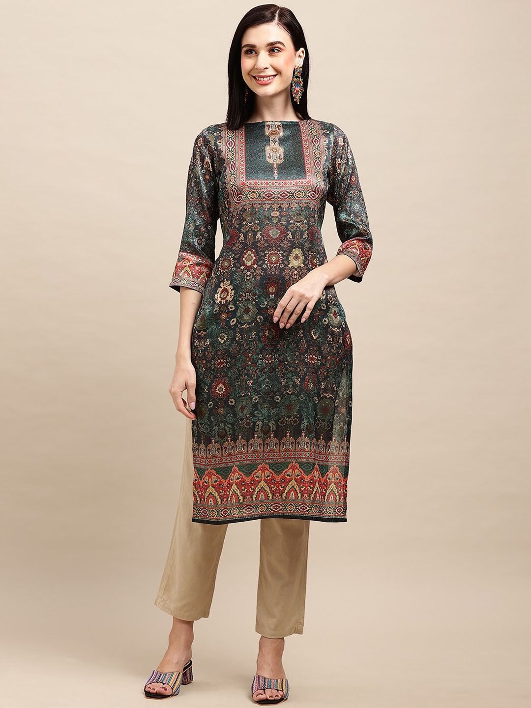 

Sangria Digital Printed Tussar Silk Straight Kurta, Olive