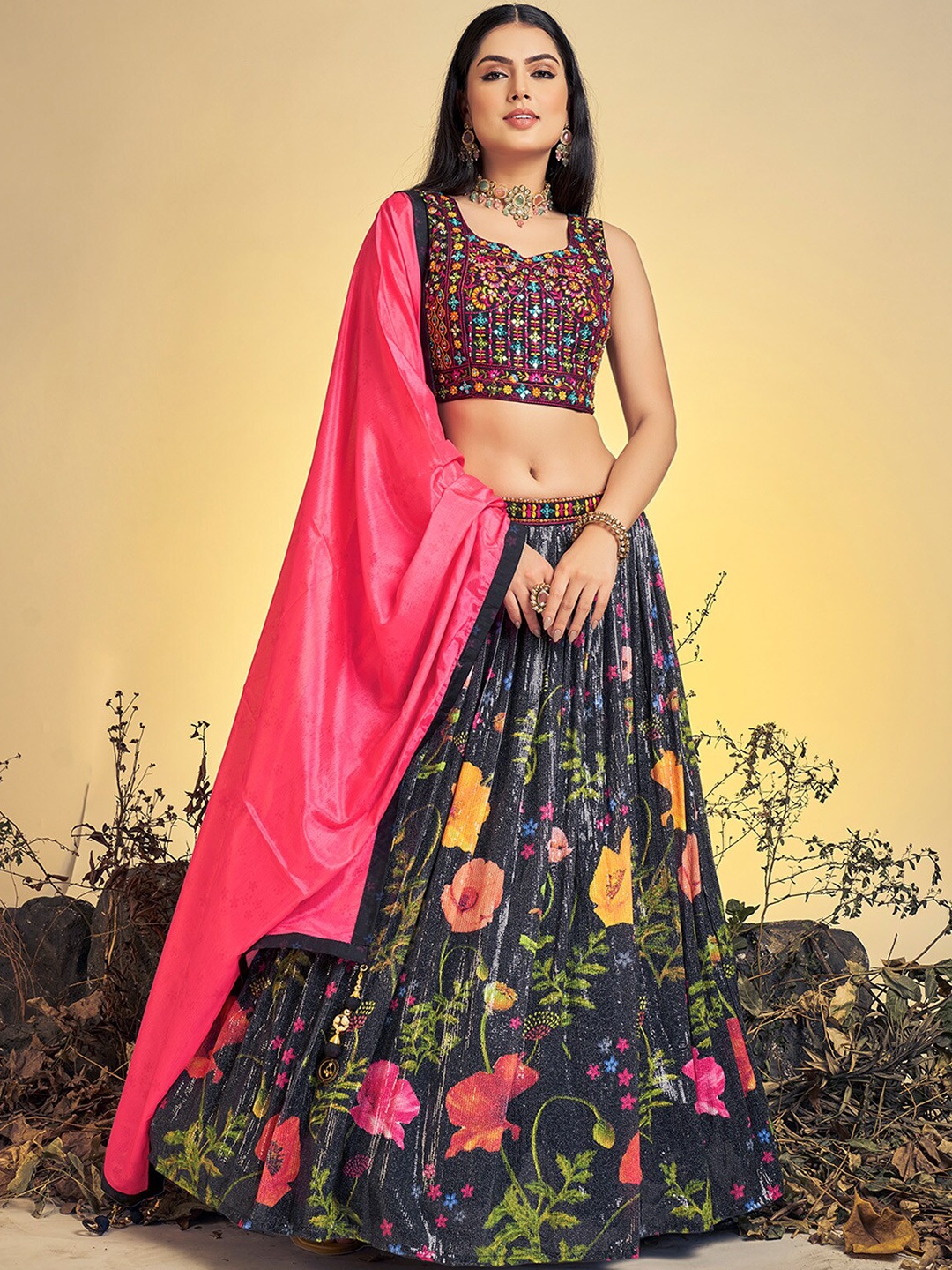 

ODETTE Floral Printed Embroidered Lehenga And Blouse With Dupatta, Black