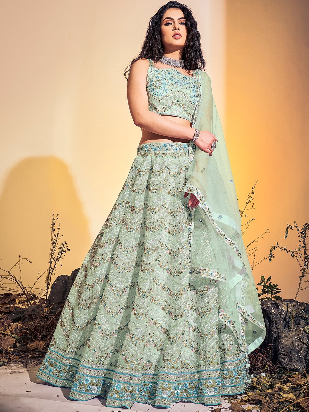 

ODETTE Embroidered Thread Work Ready to Wear Lehenga & Blouse With Dupatta, Sea green