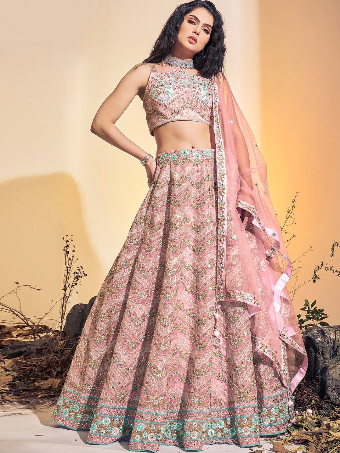 

ODETTE Embroidered Beads and Stones Ready to Wear Lehenga & Blouse With Dupatta, Pink