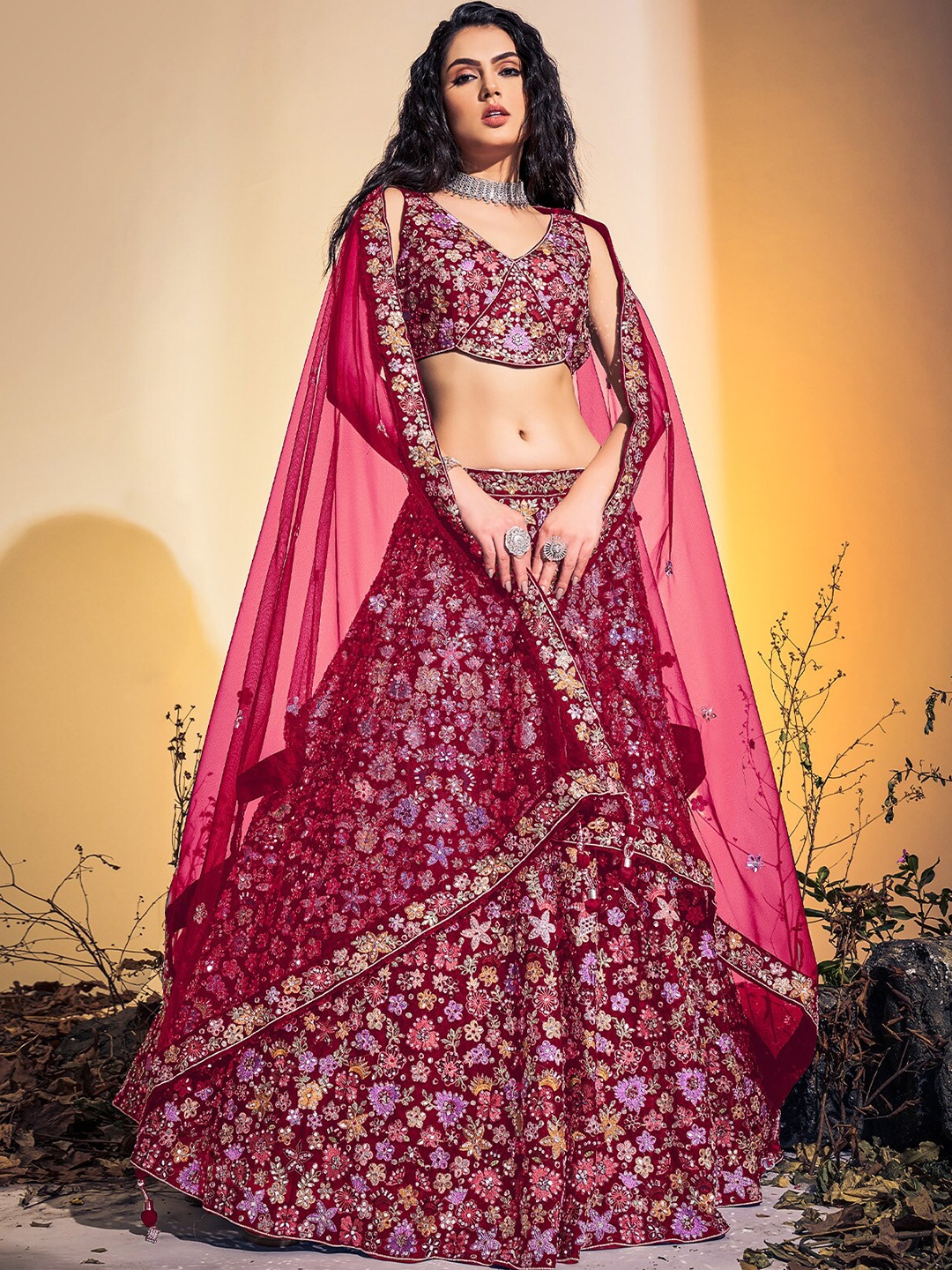 

ODETTE Embroidered Thread Work Ready to Wear Lehenga & Blouse With Dupatta, Pink