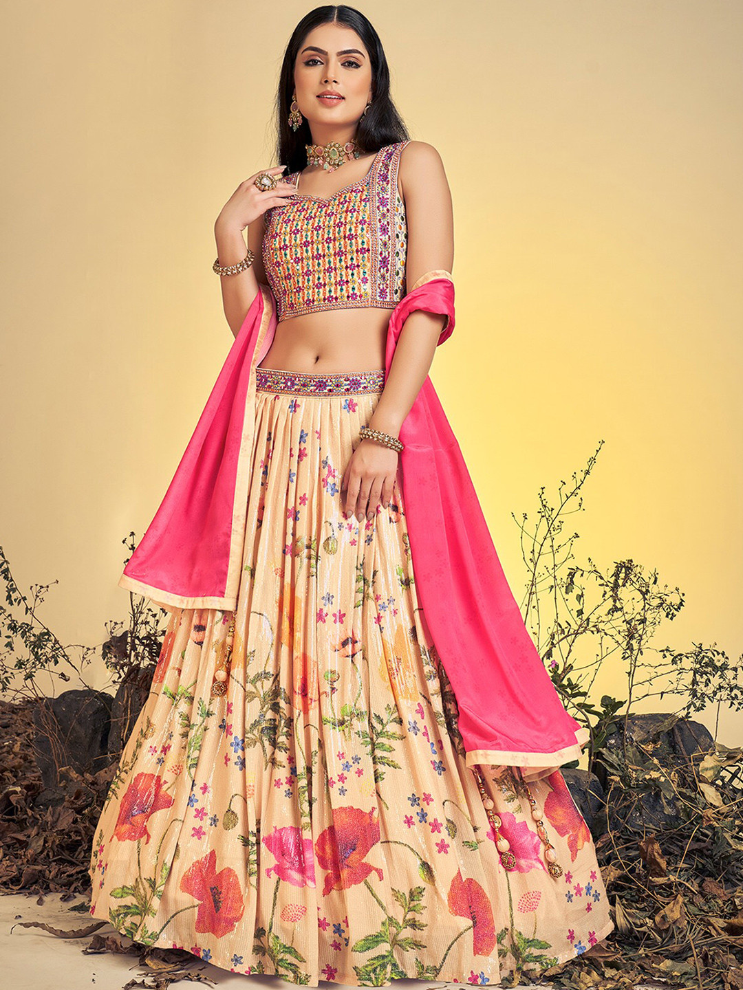 

ODETTE Embroidered Thread Work Ready to Wear Lehenga & Blouse With Dupatta, Beige