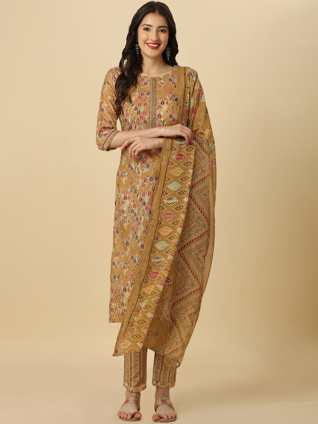 

GUFRINA Ethnic Motifs Printed Straight Kurta with Trousers & Dupatta, Mustard