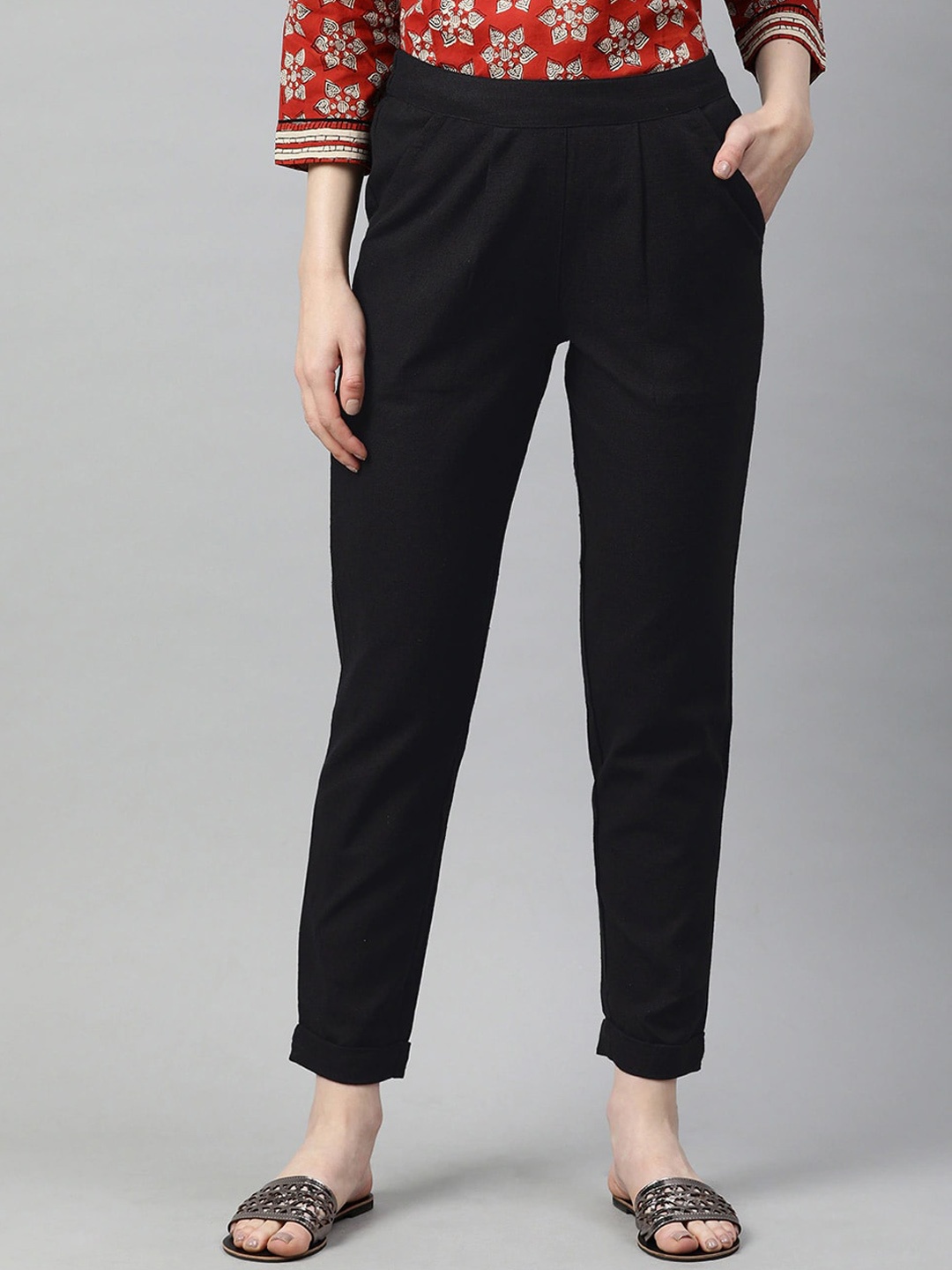 

KALINI Women Mid Rise Plain Relaxed Cotton Slim Fit Pleated Trousers, Black