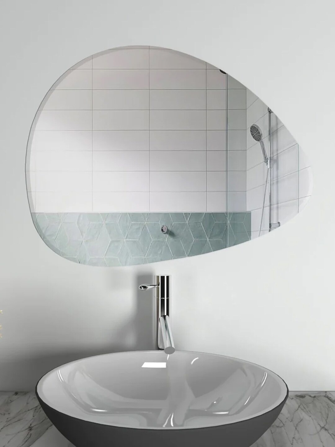 

WALLMANTRA Scandinavian Frameless Beveled Pebble Shaped Bathroom Mirror, Transparent