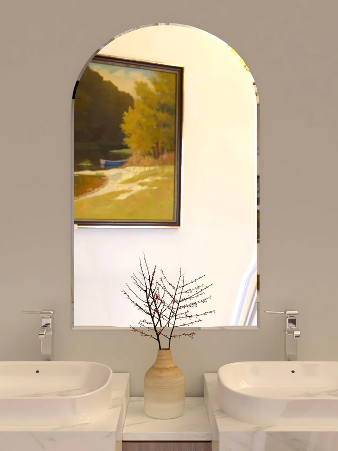 

WALLMANTRA Scandinavian Frameless Arched Beveled Bathroom Mirror, Na