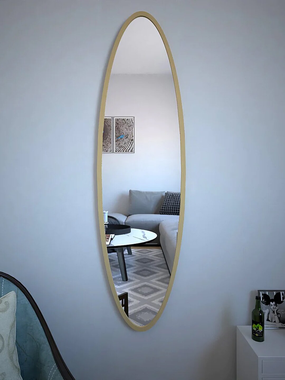 

WALLMANTRA Minimalist Beige MDF Framed Full Length Oval Wall Mirror