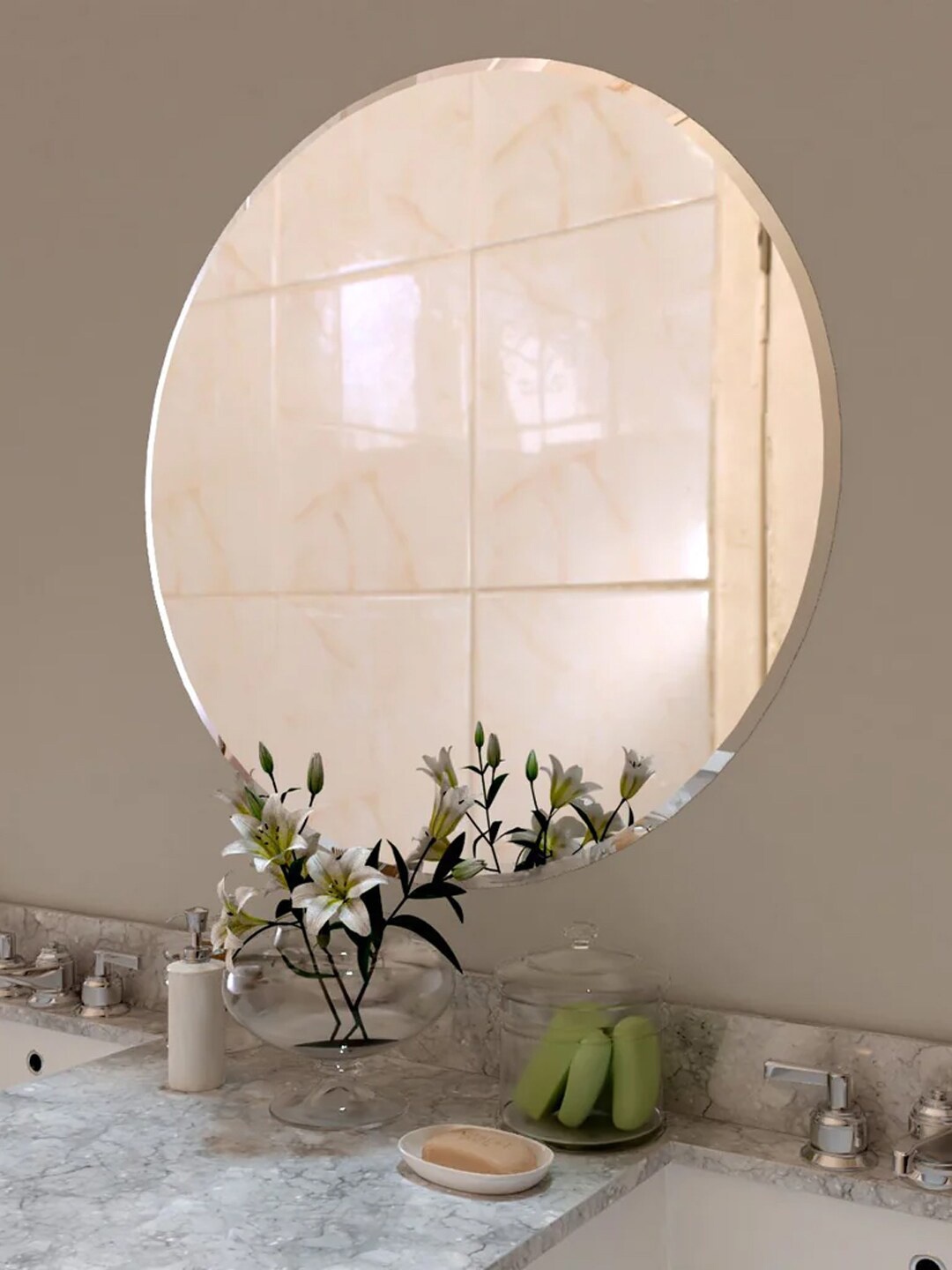 

WALLMANTRA Scandinavian Transparent Beveled Circular Bathroom Mirror