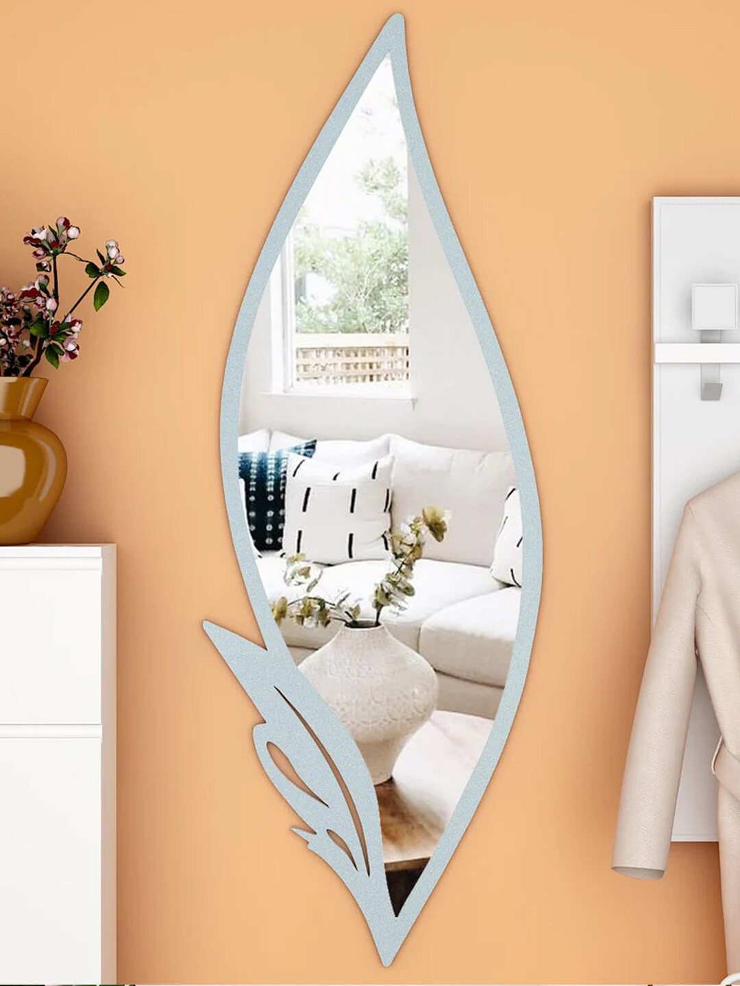 

WALLMANTRA Slender Grey Leaf Vanity Wall Mirror With Metallic Silver Finish Frame