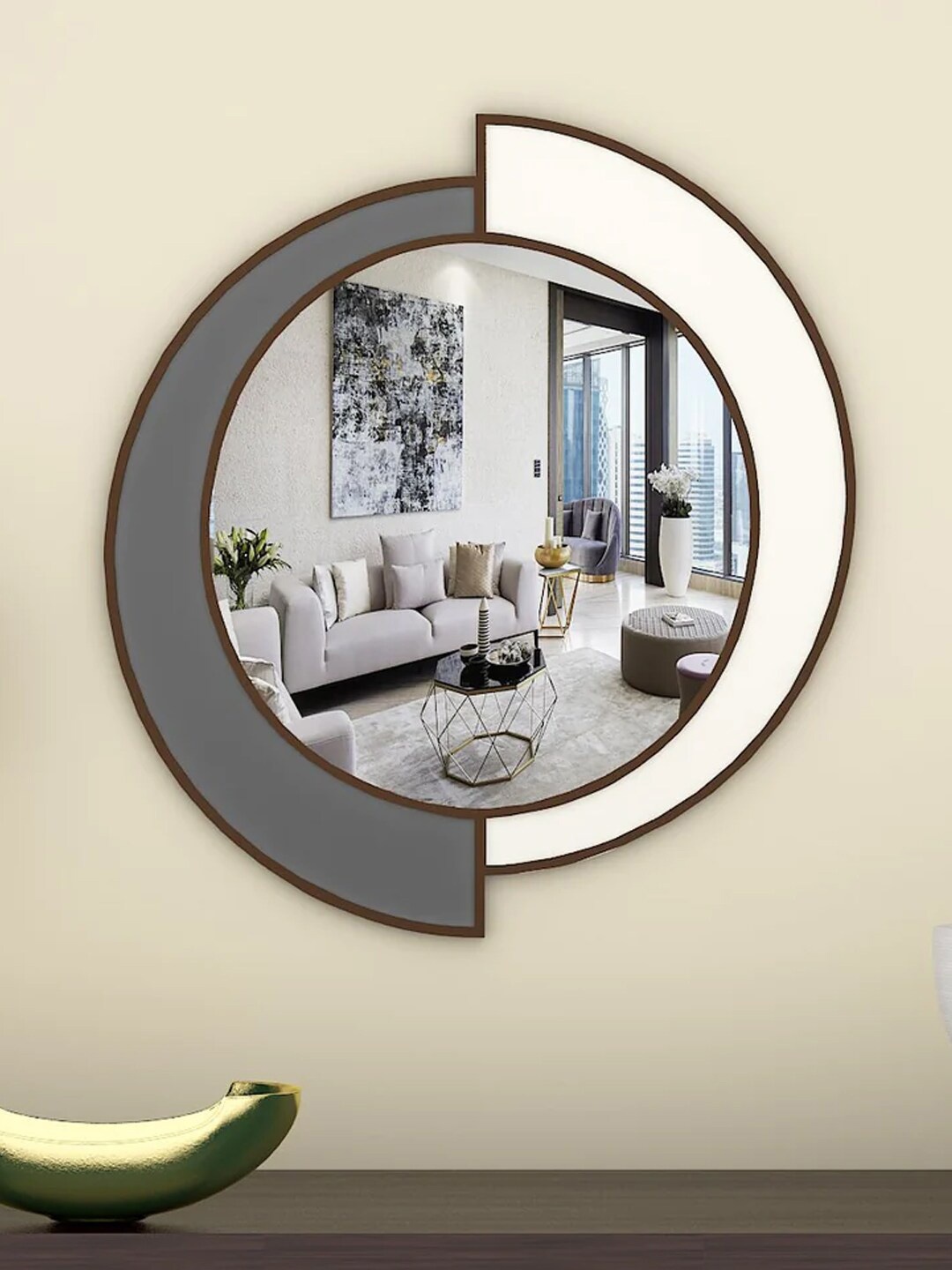 

WALLMANTRA Charcoal Grey and White Yin Yang Decorative Wooden Vanity Mirror
