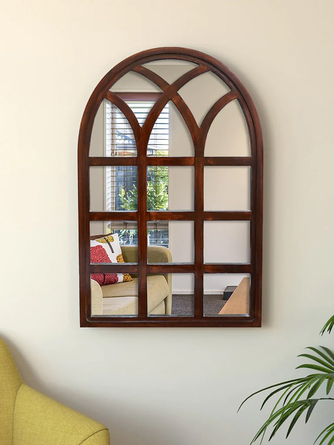 

WALLMANTRA Arch Motif Window Frame Wooden Mirror, Brown