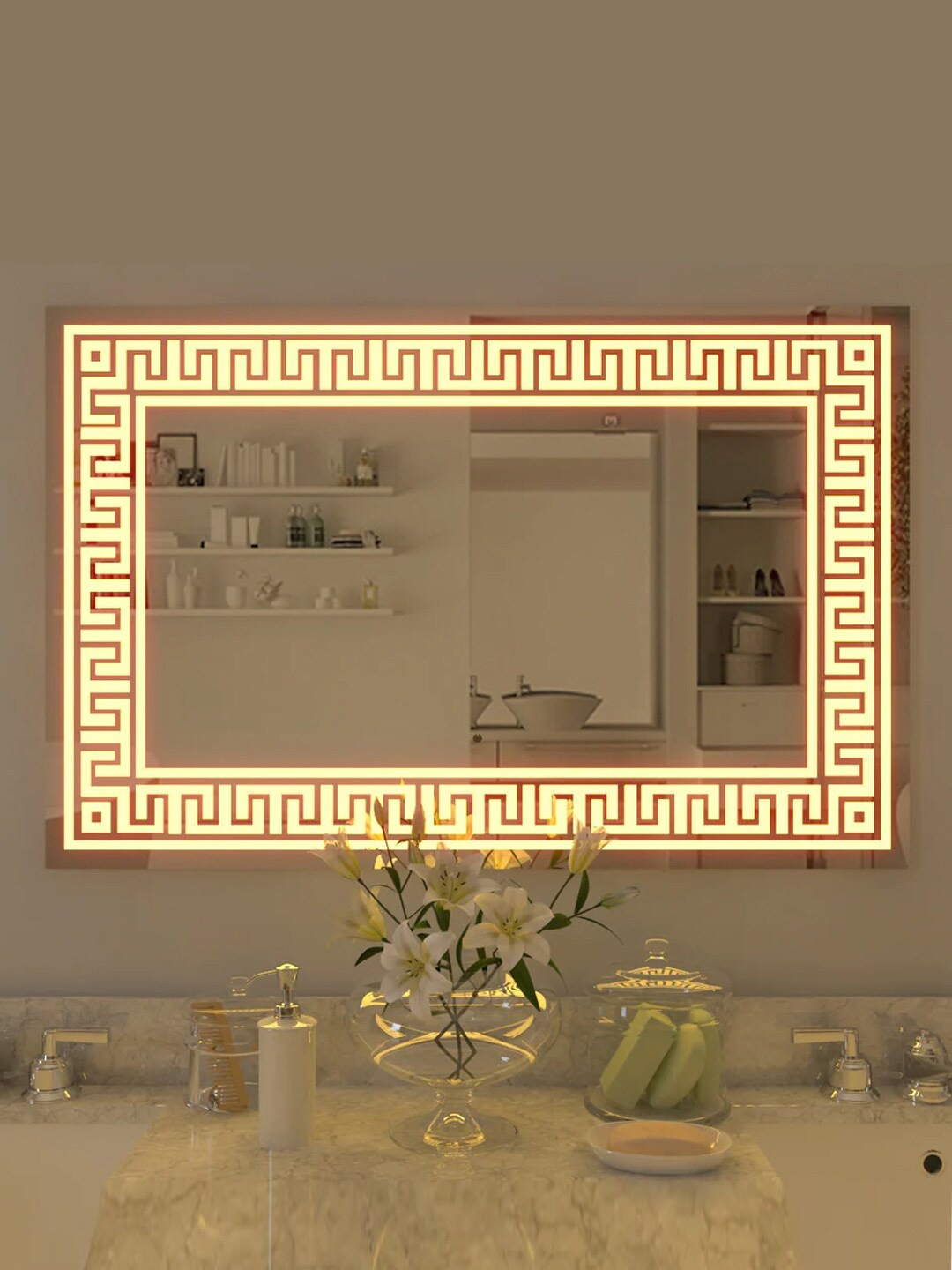 

WALLMANTRA Yellow Greek Key Motif Rectangular Glass Framed LED Bathroom Mirror